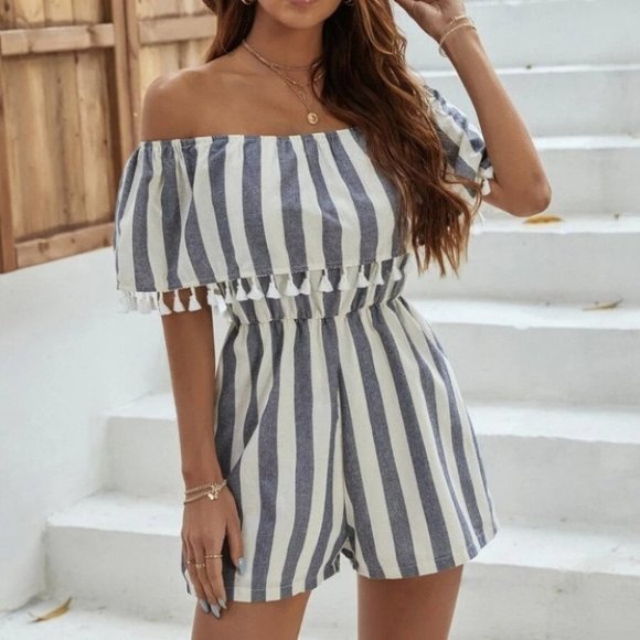 . Pants - Striped Fringe Trim Off shoulder Bardot Mini Striped Print Romper